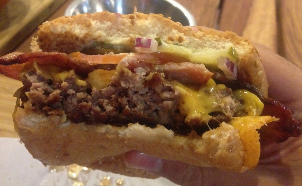 Cheese + Bacon burger from from the inside